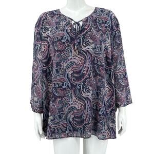Laura Top Womens 18 Navy Purple Paisley V-Neck Long‎ Sleeves Boho Peasant Office